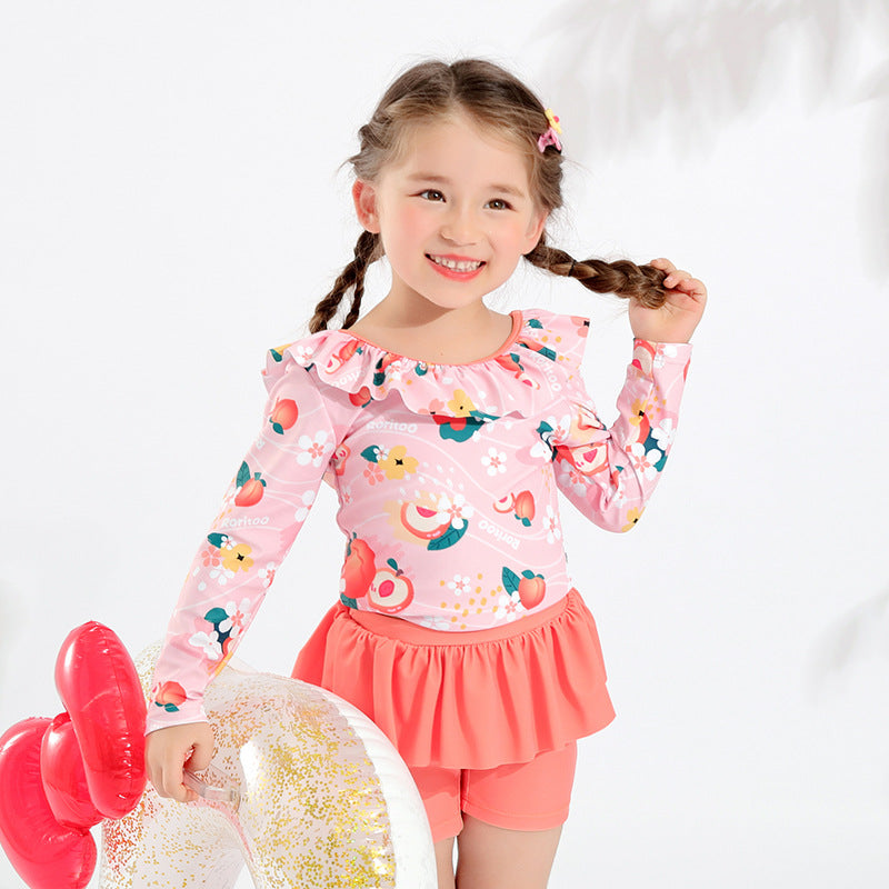 2 Pieces Set Kid Girls Letters Flower Fruit Print Tops And Solid Color Shorts Swimwears Wholesale 22060108