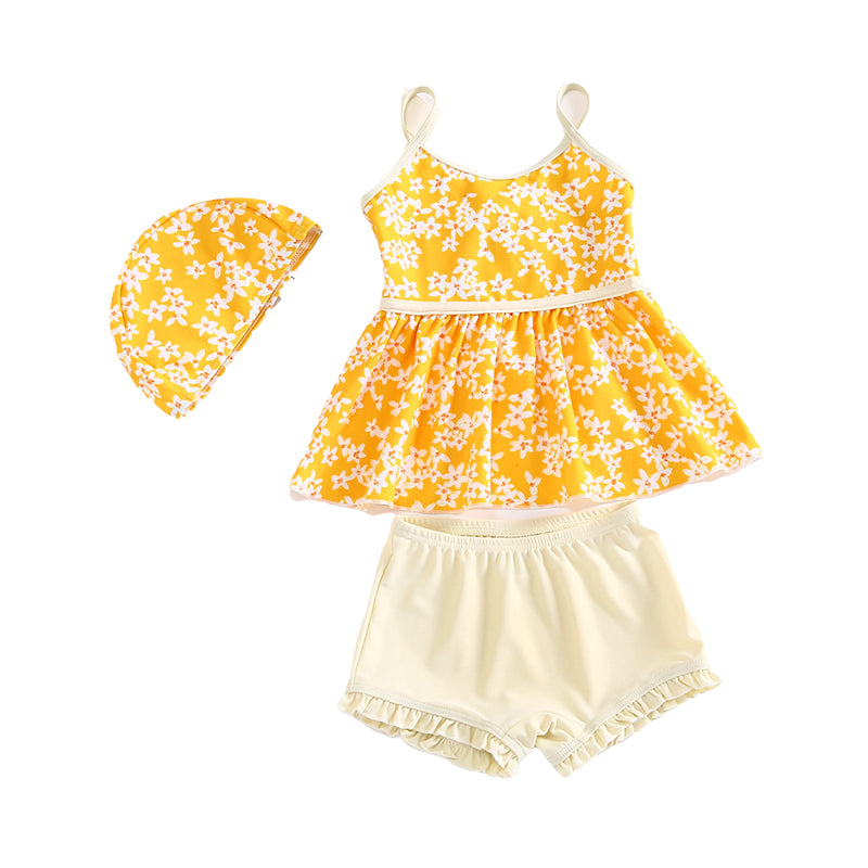 2 Pieces Set Kid Girls Flower Bow Print Dresses And Solid Color Shorts Swimwears Wholesale 22060113