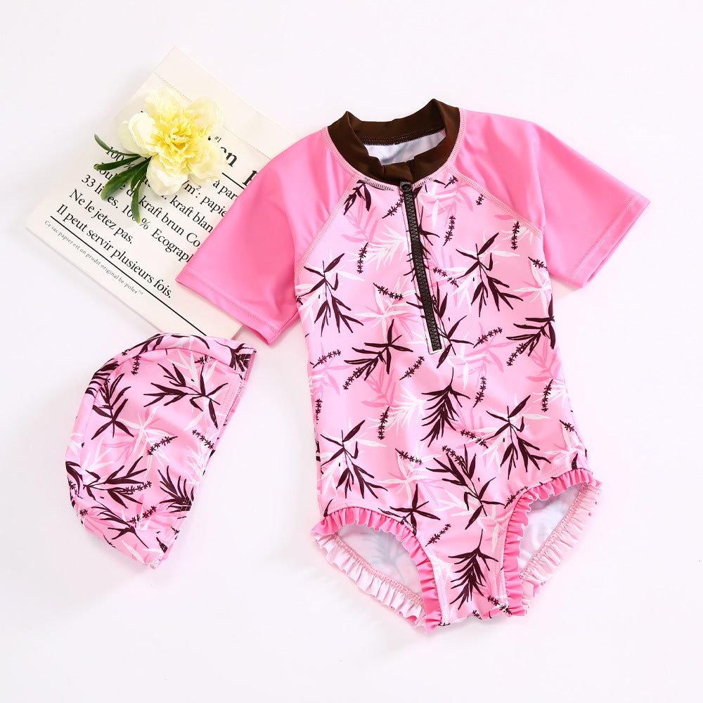 Baby Kid Girls Plant Print Beach Rompers Swimwears Wholesale 22060128