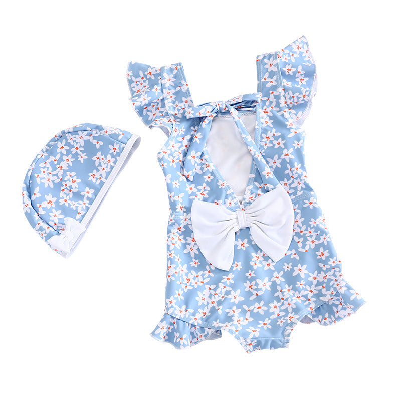 Baby Kid Girls Flower Bow Print Beach Rompers Swimwears Wholesale 22060154