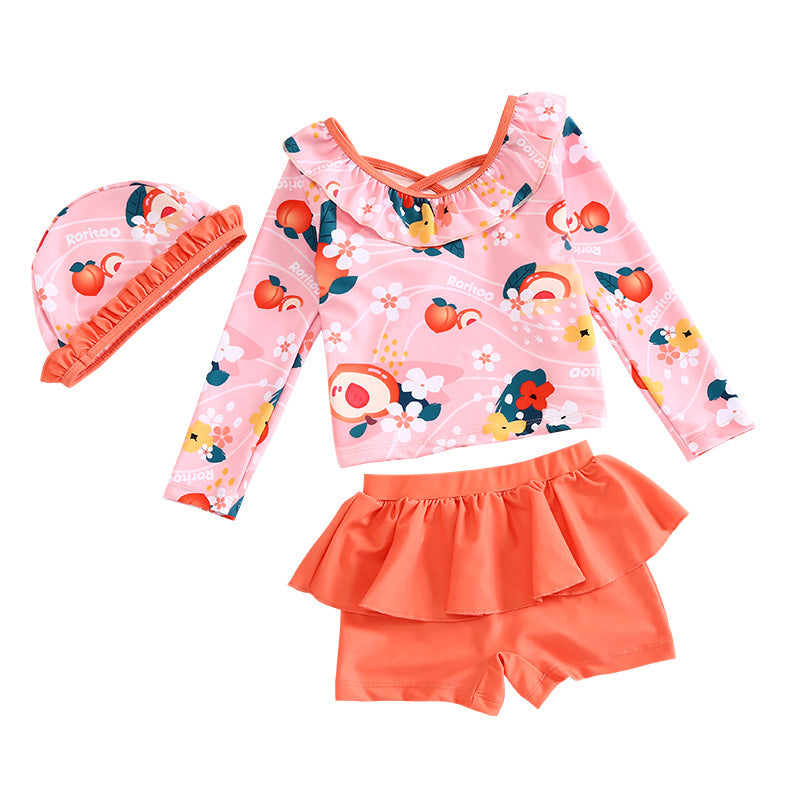 3 Pieces Set Baby Kid Girls Beach Fruit Cartoon Print Tops Solid Color Shorts And Hats Swimwears Wholesale 22060156