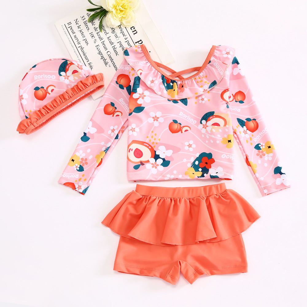 3 Pieces Set Baby Kid Girls Beach Fruit Cartoon Print Tops Solid Color Shorts And Hats Swimwears Wholesale 22060156