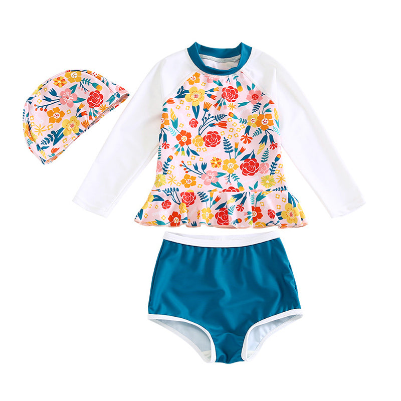 3 Pieces Set Kid Girls Flower Print Tops And Solid Color Shorts And Hats Swimwears Wholesale 22060157