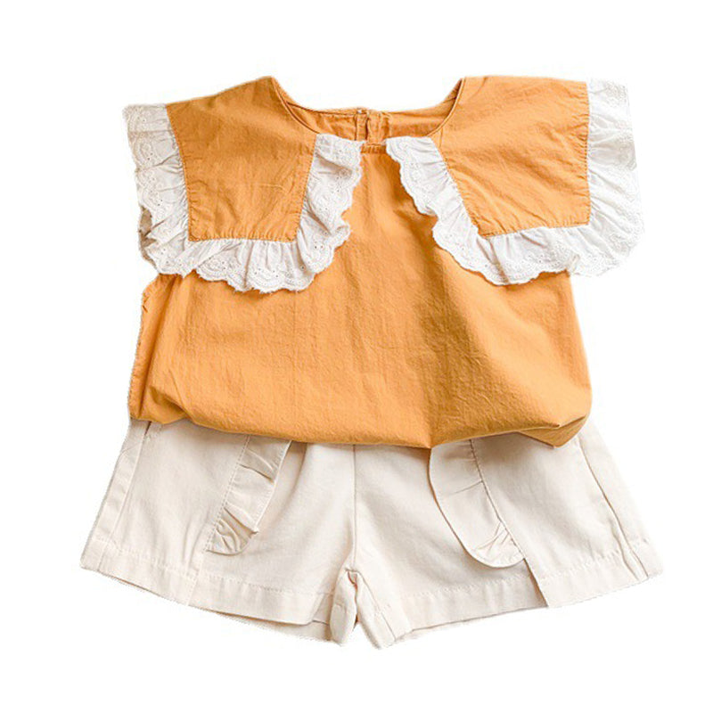 2 Pieces Set Baby Kid Girls Color-blocking Lace Tank Tops And Solid Color Shorts Wholesale 22060182