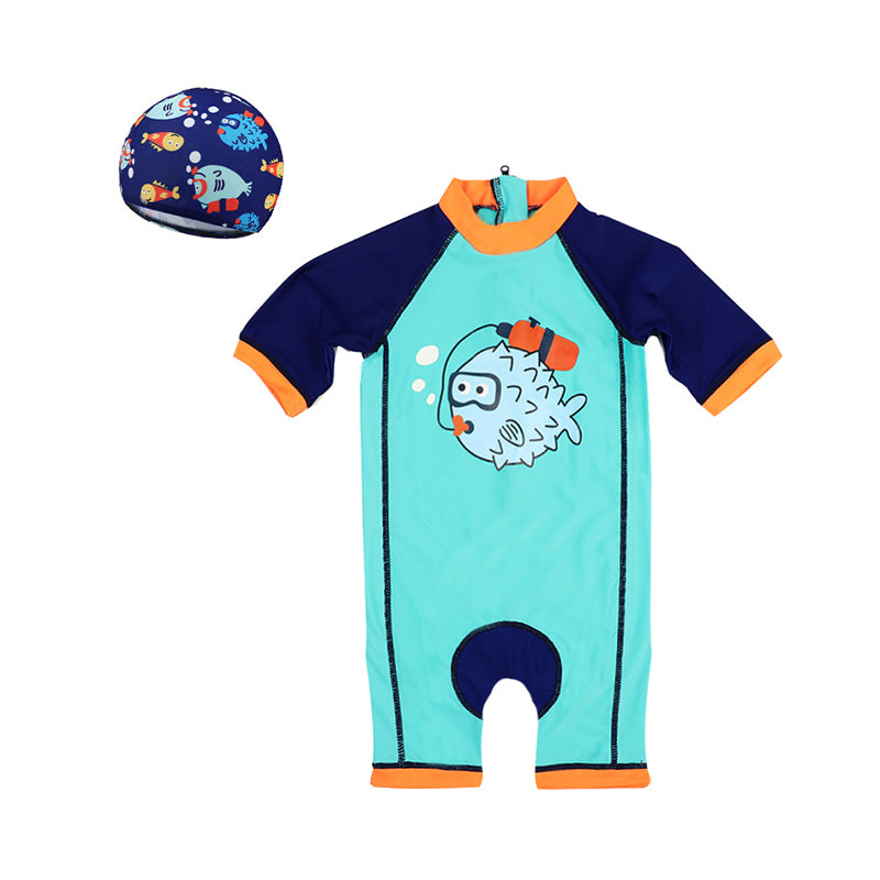 Baby Kid Boys Color-blocking Cartoon Print Beach Rompers Swimwears Wholesale 22060607