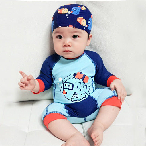 Baby Kid Boys Color-blocking Cartoon Print Beach Rompers Swimwears Wholesale 22060607