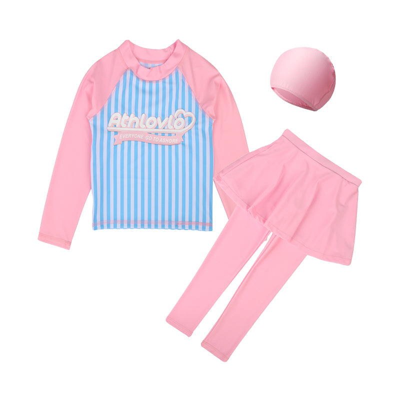 3 Pieces Set Baby Kid Big Kid Girls Beach Striped Letters Tops And Solid Color Pants And Hats Wholesale 220606112