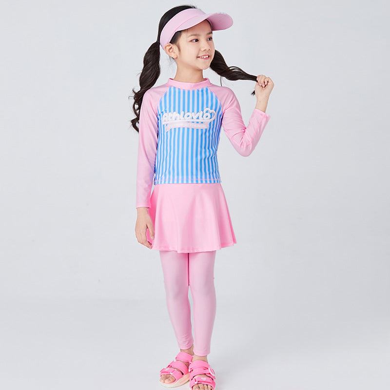 3 Pieces Set Baby Kid Big Kid Girls Beach Striped Letters Tops And Solid Color Pants And Hats Wholesale 220606112