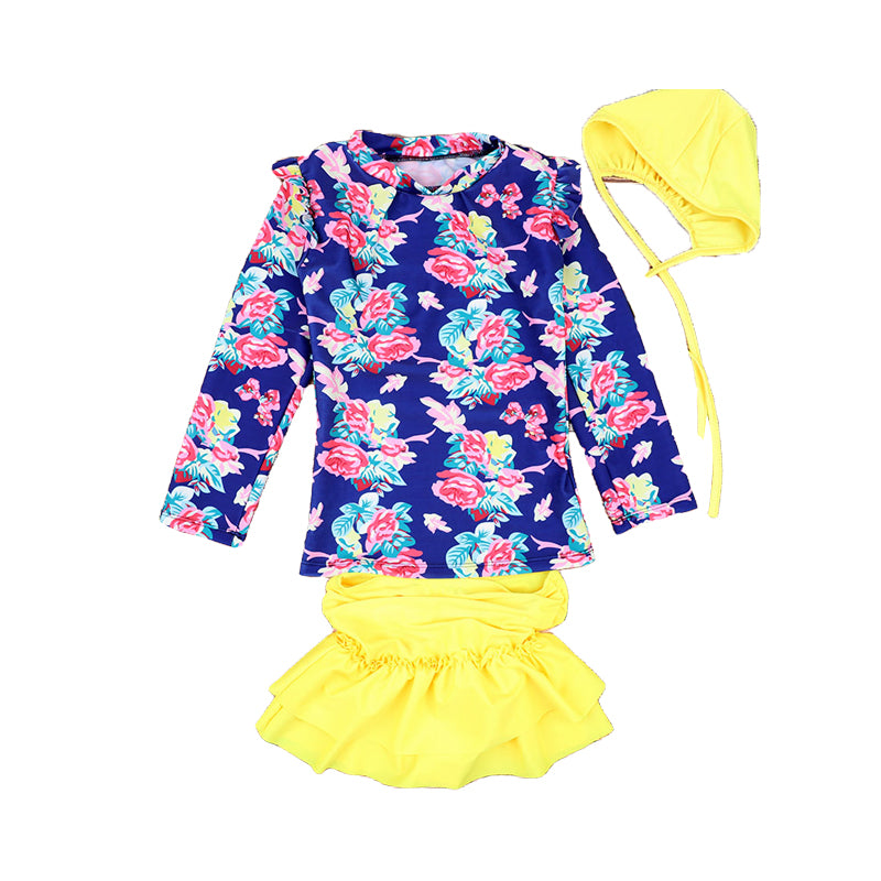 3 Pieces Set Baby Kid Girls Beach Flower Print Tops Solid Color Skirts And Hats Wholesale 22060613