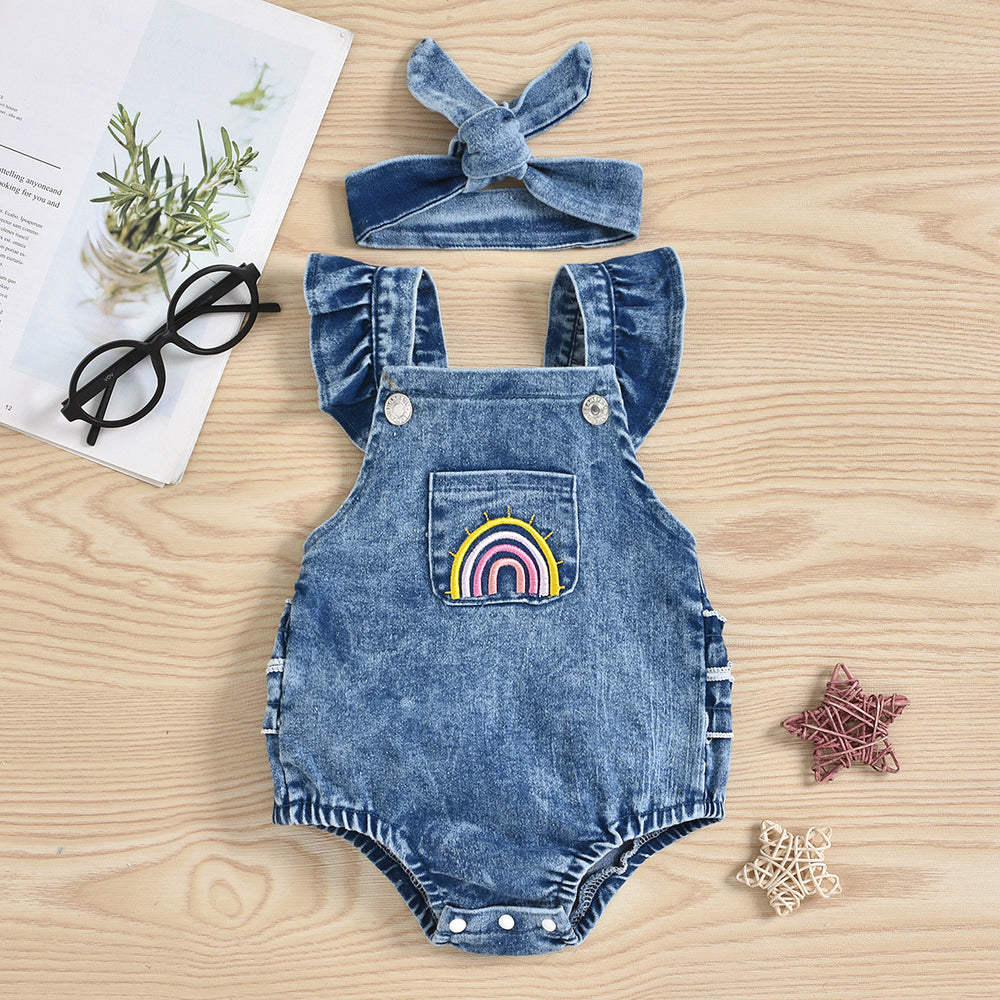 Baby Girls Rainbow Embroidered Rompers And Headwear Wholesale 220606181