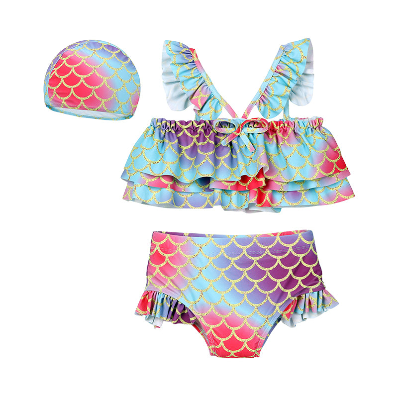 3 Pieces Set Baby Kid Girls Beach Fish scales Print Tops And Shorts And Hats Swimwears Wholesale 220606200
