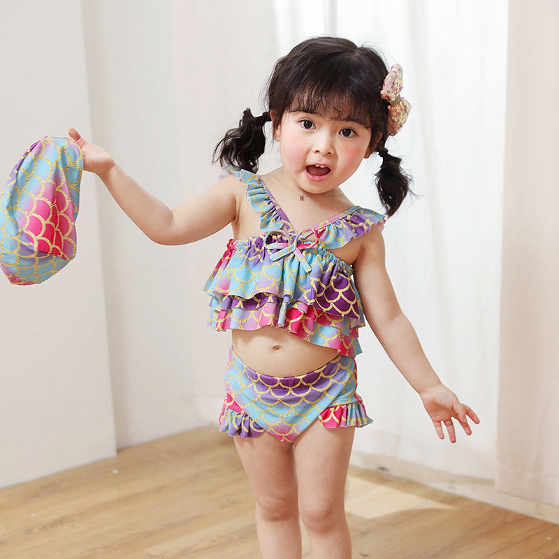 3 Pieces Set Baby Kid Girls Beach Fish scales Print Tops And Shorts And Hats Swimwears Wholesale 220606200