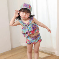 Load image into Gallery viewer, 3 Pieces Set Baby Kid Girls Beach Fish scales Print Tops And Shorts And Hats Swimwears Wholesale 220606200
