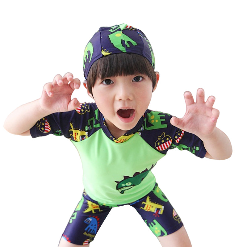 3 Pieces Set Kid Boys Beach Dinosaur Animals Cartoon Print T-Shirts And Shorts And Hats Swimwears Wholesale 22060623
