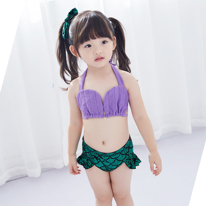 4 Pieces Set Kid Girls Beach Solid Color Tank Tops And Fish scales Cartoon Shorts And Skirts Swimwears And Headwear Wholesale 22060624