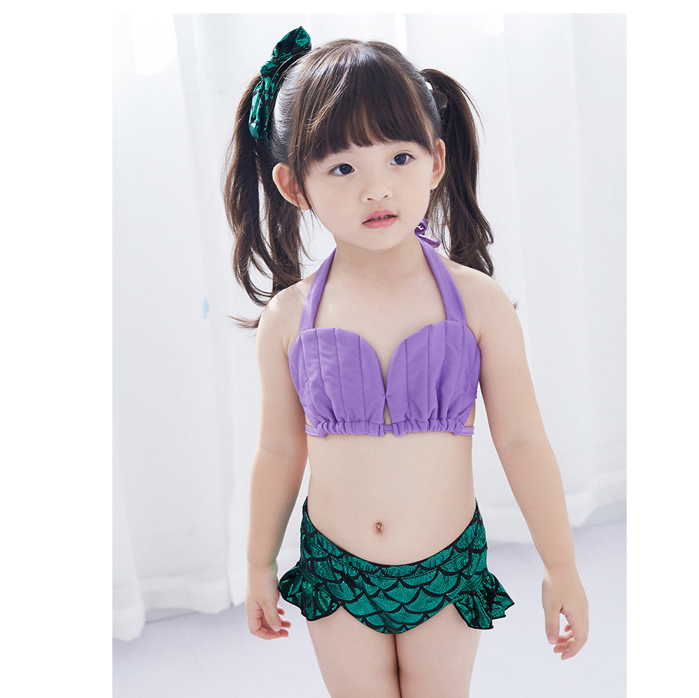 4 Pieces Set Kid Girls Beach Solid Color Tank Tops And Fish scales Cartoon Shorts And Skirts Swimwears And Headwear Wholesale 22060624