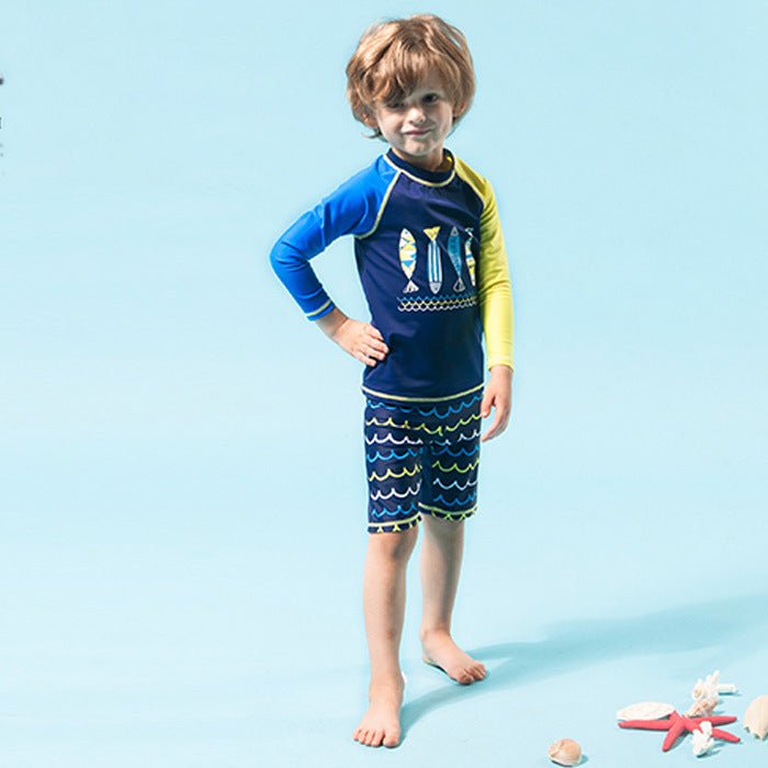 3 Pieces Set Kid Boys Beach Animals Cartoon Print Tops And Shorts And Hats Swimwears Wholesale 22060625
