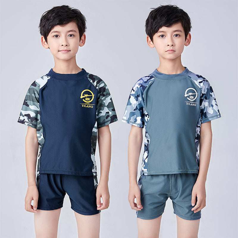 3 Pieces Set Kid Big Kid Boys Beach Letters Color-blocking Camo Tops And Shorts And Hats Swimwears Wholesale 22060673
