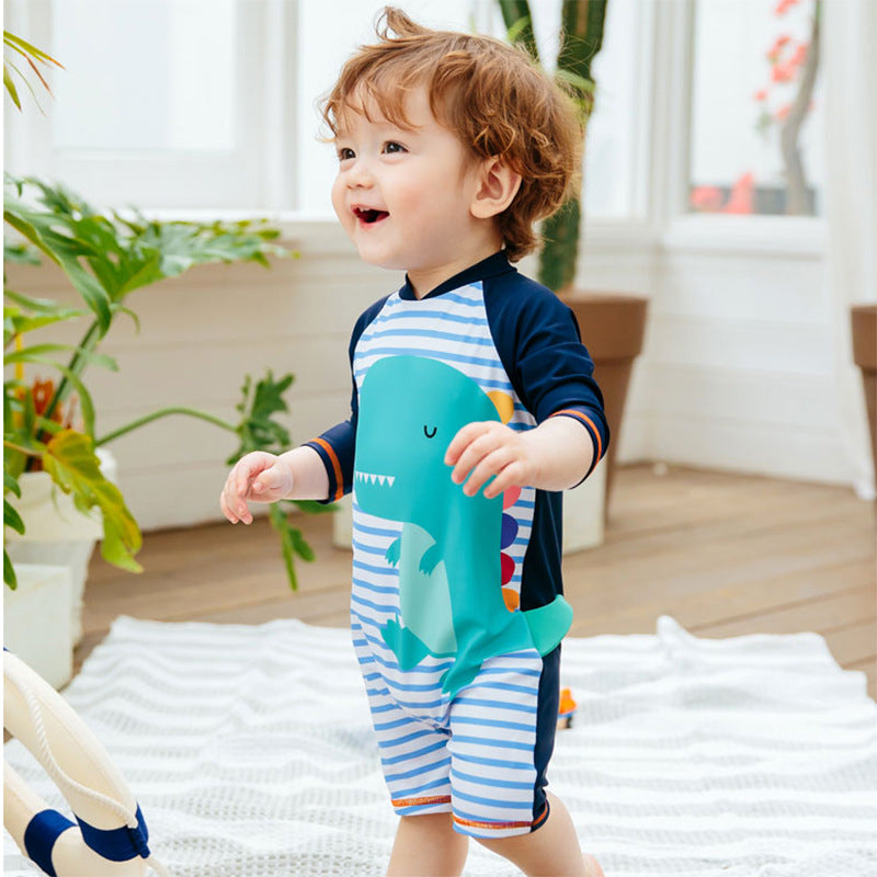 Baby Kid Boys Striped Color-blocking Dinosaur Print Beach Jumpsuits Swimwears Wholesale 22060682