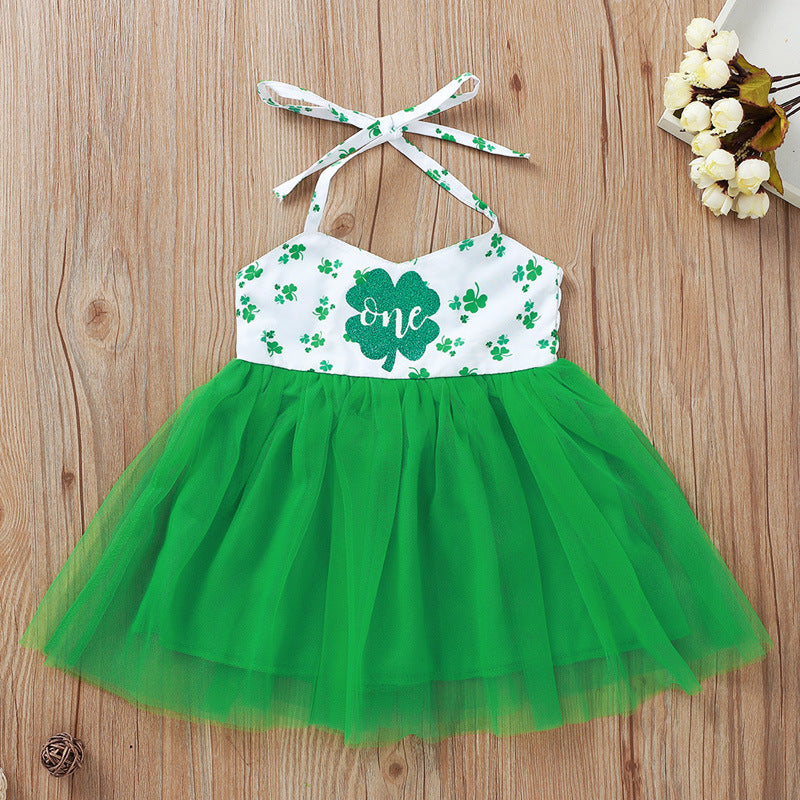 Baby Girls Color-blocking Flower Print St Patrick's Day Dresses Wholesale 22060693