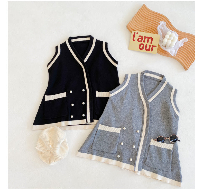 Baby Kid Girls Color-blocking Crochet Vests Waistcoats Knitwear Wholesale 22060815