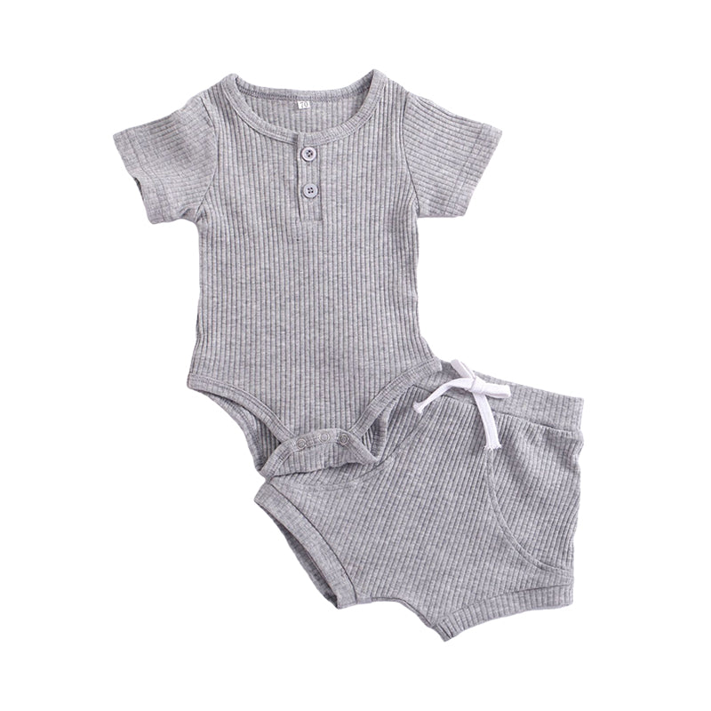 2 Pieces Set Baby Unisex Solid Color Muslin&Ribbed Rompers And Shorts Wholesale 22060855
