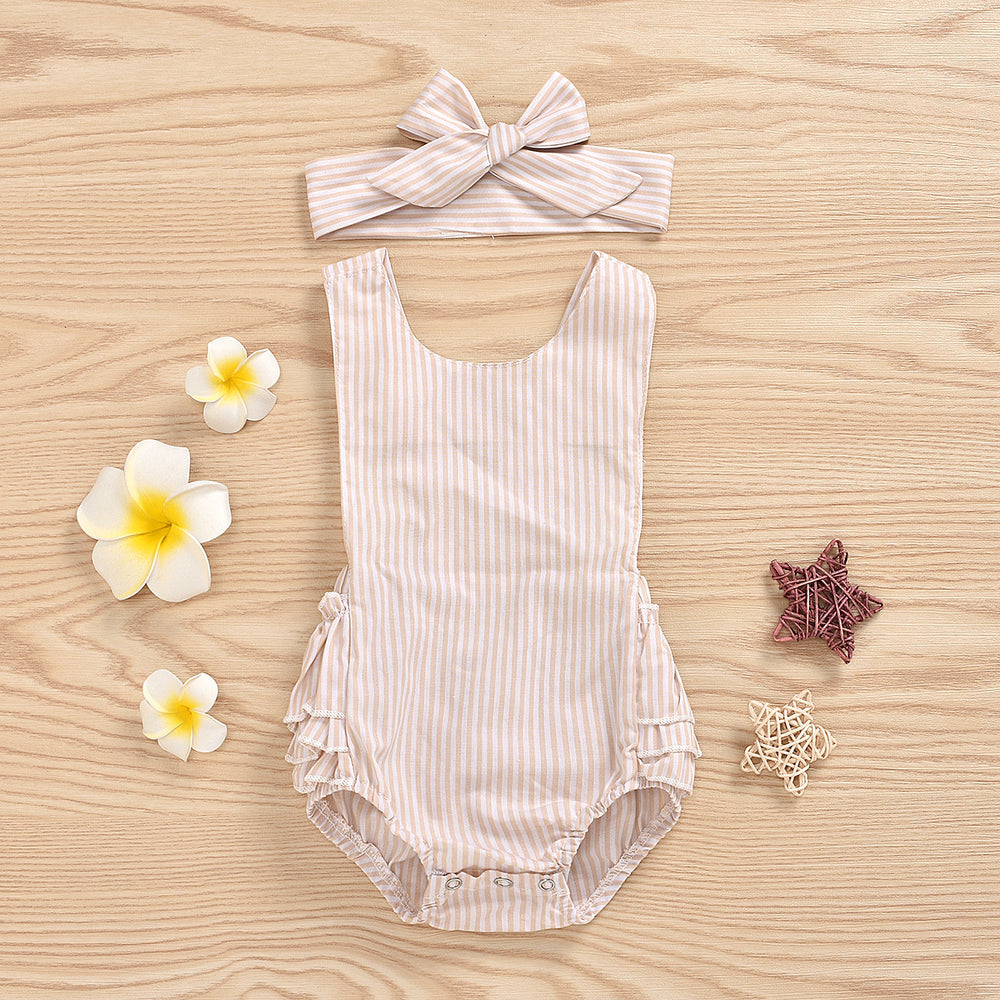 2 Pieces Set Baby Kid Girls Striped Rompers And Bow Headwear Wholesale 220610113