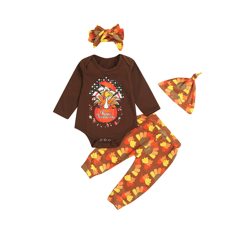 4 Pieces Set Baby Kid Girls Thanksgiving Letters Print Rompers And Cartoon Pants And Bow Headwear And Hats Wholesale 220610118