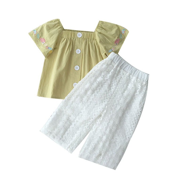 2 Pieces Set Kid Girls Embroidered Tops Solid Color And Lace Pants Wholesale 220610157