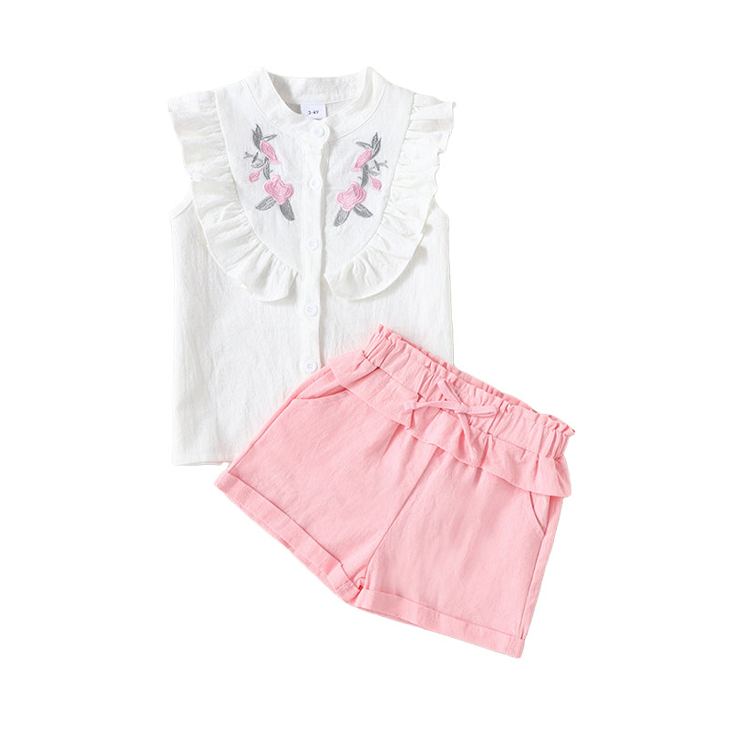 2 Pieces Set Baby Kid Girls Solid Color Embroidered Tank Tops And Shorts Wholesale 220610174