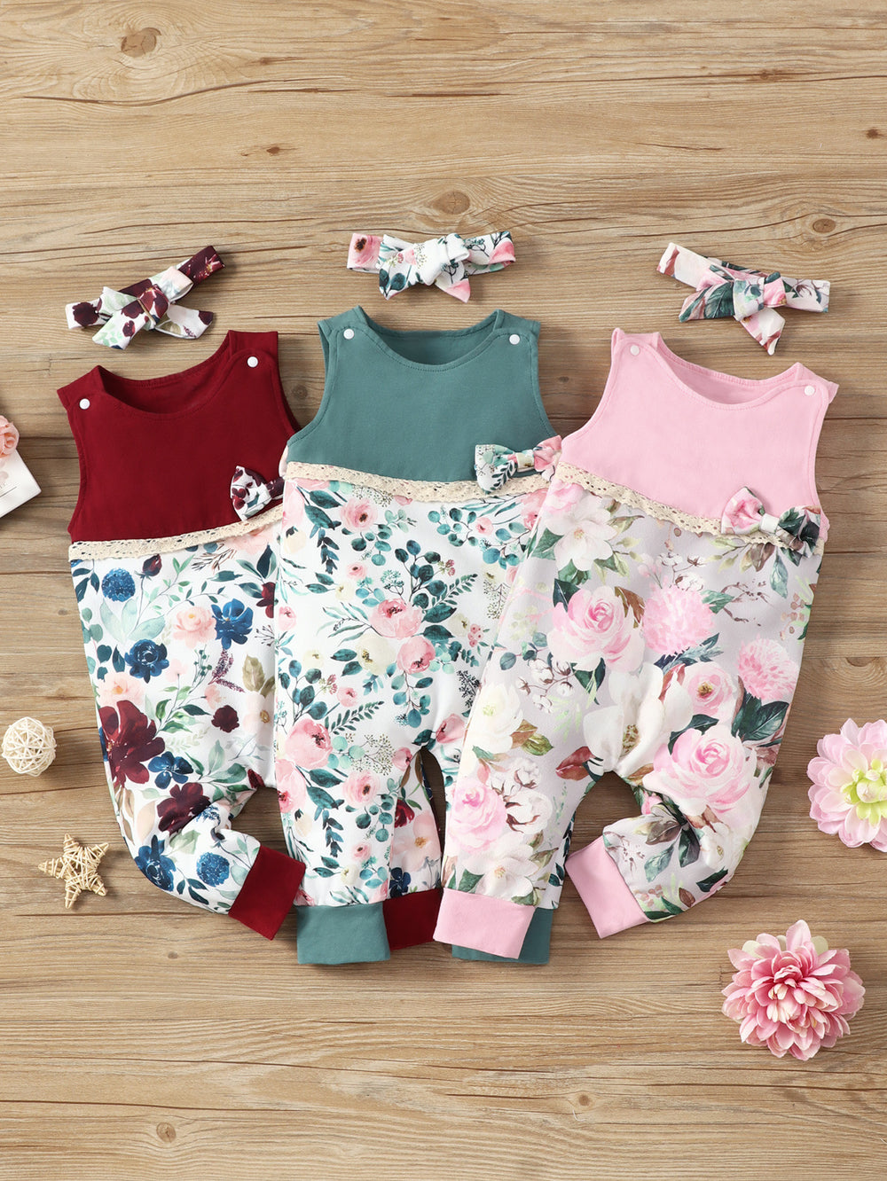 Baby Unisex Letters Flower Bow Lace Print Jumpsuits Wholesale 220610257