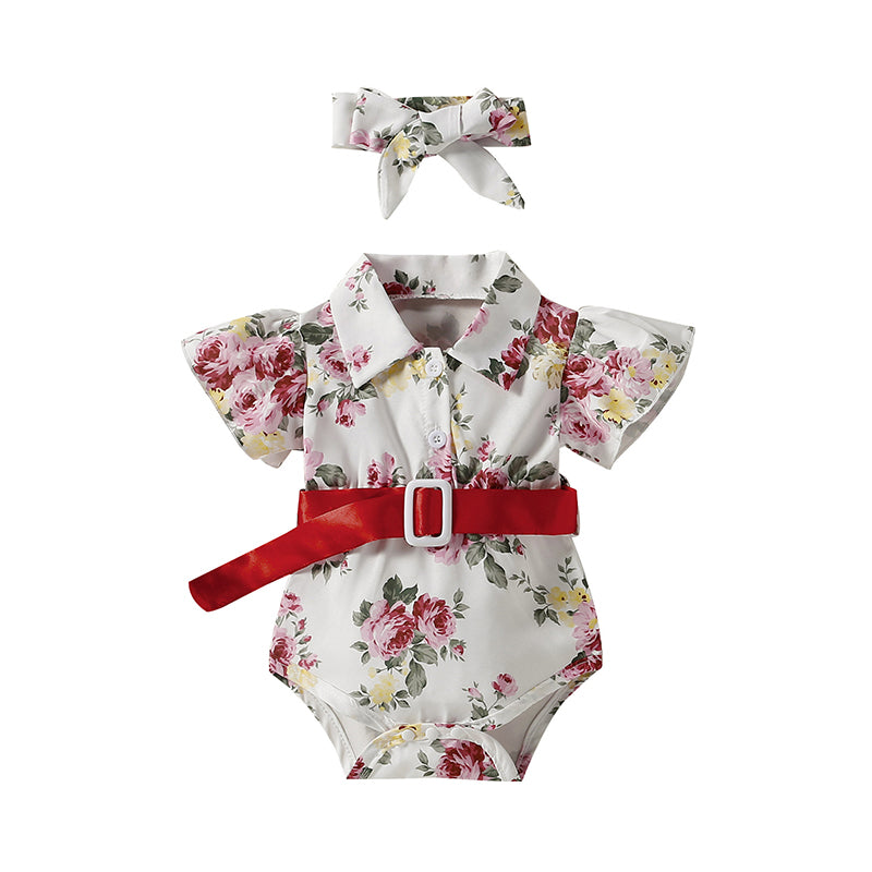 Baby Girls Flower Bow Print Rompers Accessories Headwear Wholesale 220610270