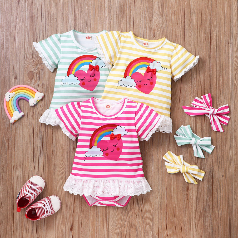 Baby Girls Striped Rainbow Love heart Cartoon Print Rompers Wholesale 220610272