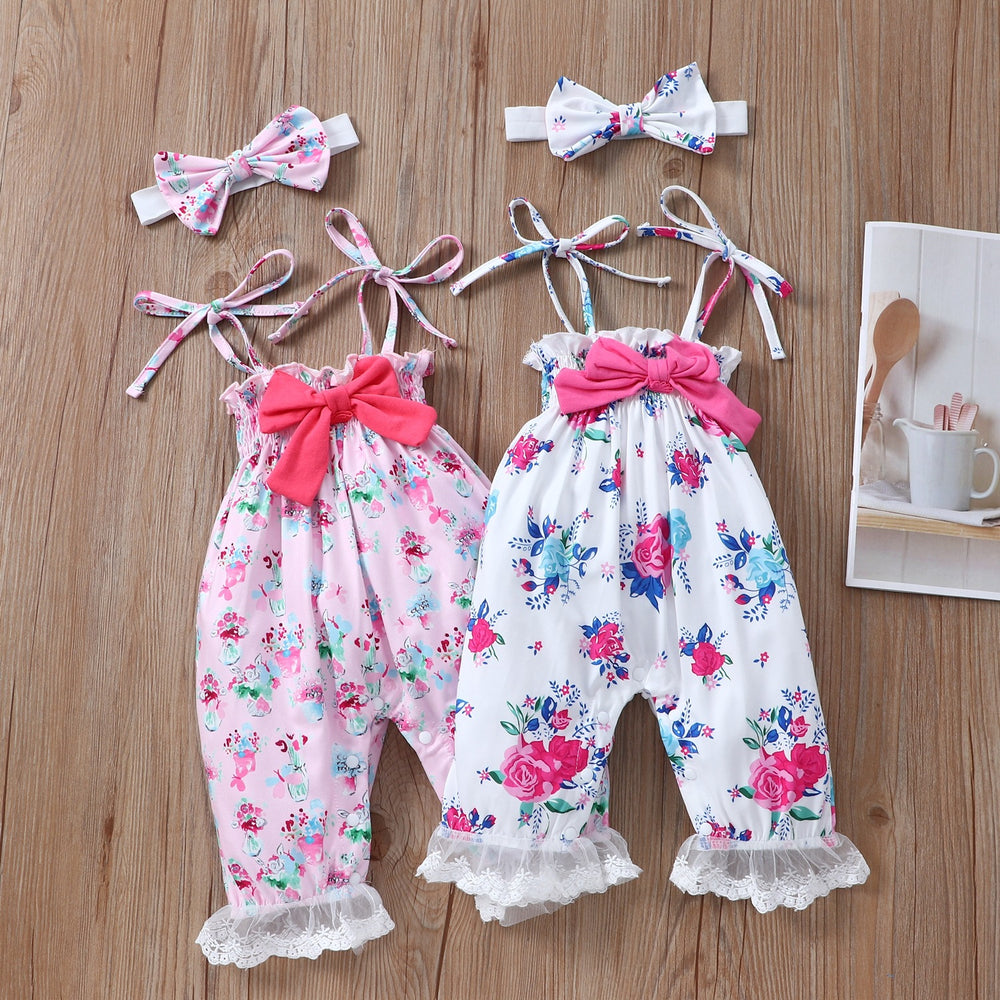 Baby Girls Flower Bow Lace Print Jumpsuits Wholesale 220610273