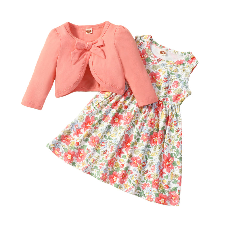 2 Pieces Set Baby Girls Solid Color Bow Print Jackets Outwears And Flower Dresses Wholesale 220610319