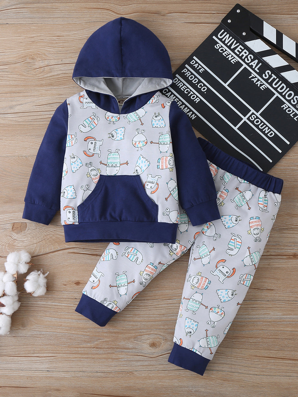 2 Pieces Set Baby Boys Color-blocking Print Hoodies Swearshirts And Cartoon Pants Wholesale 220610323