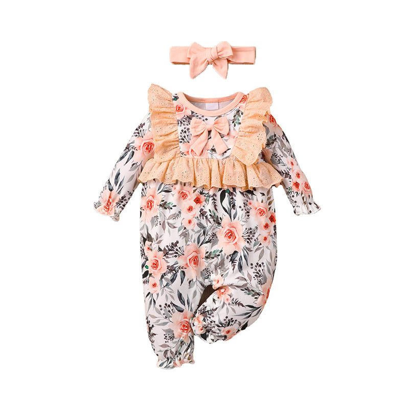 Baby Girls Flower Bow Print Jumpsuits Wholesale 220610324