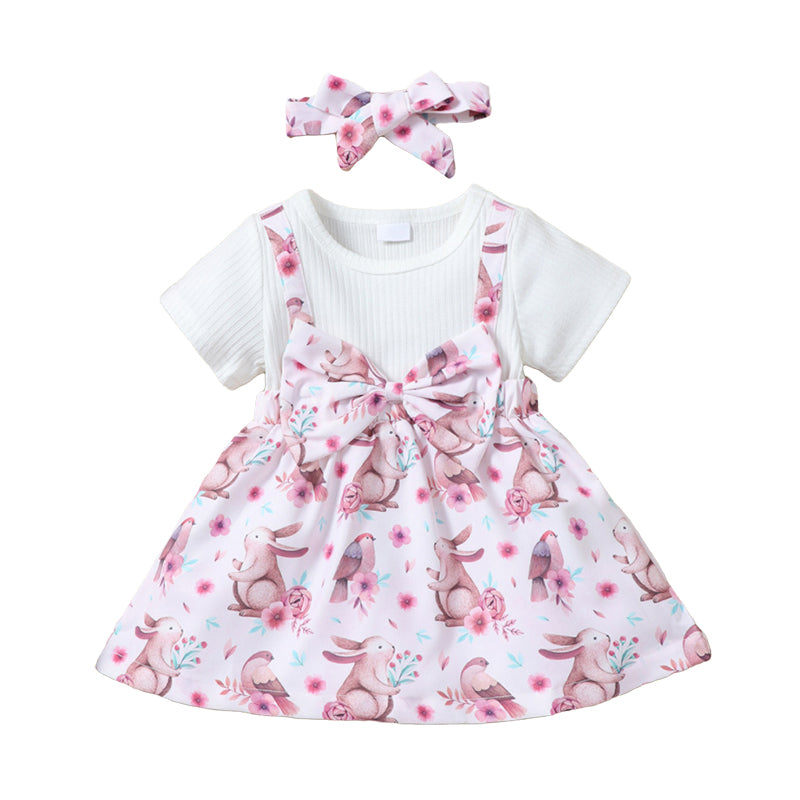 Baby Kid Girls Flower Animals Bow Muslin&Ribbed Print Dresses Wholesale 220610351