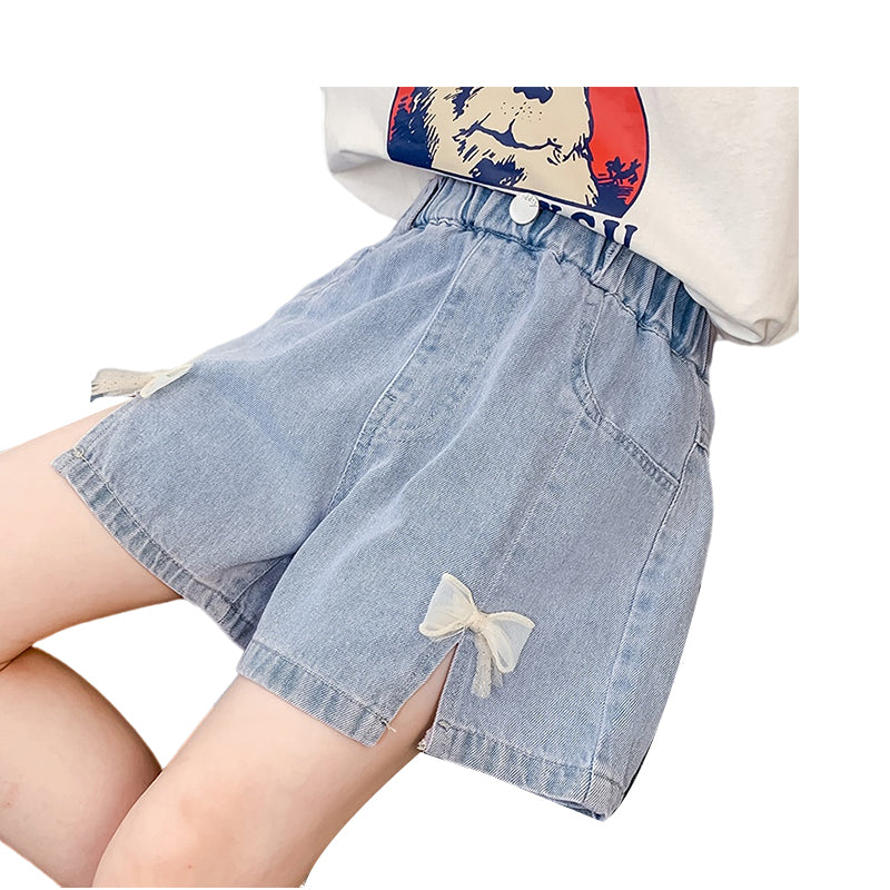 Kid Big Kid Girls Solid Color Bow Shorts Jeans Wholesale 220610353