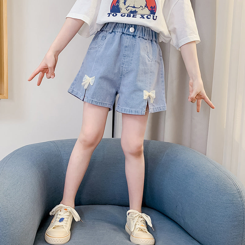 Kid Big Kid Girls Solid Color Bow Shorts Jeans Wholesale 220610353