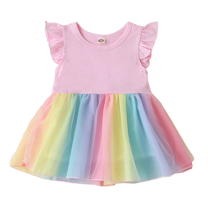 Baby Kid Girls Color-blocking Rainbow Dresses Wholesale 22061038