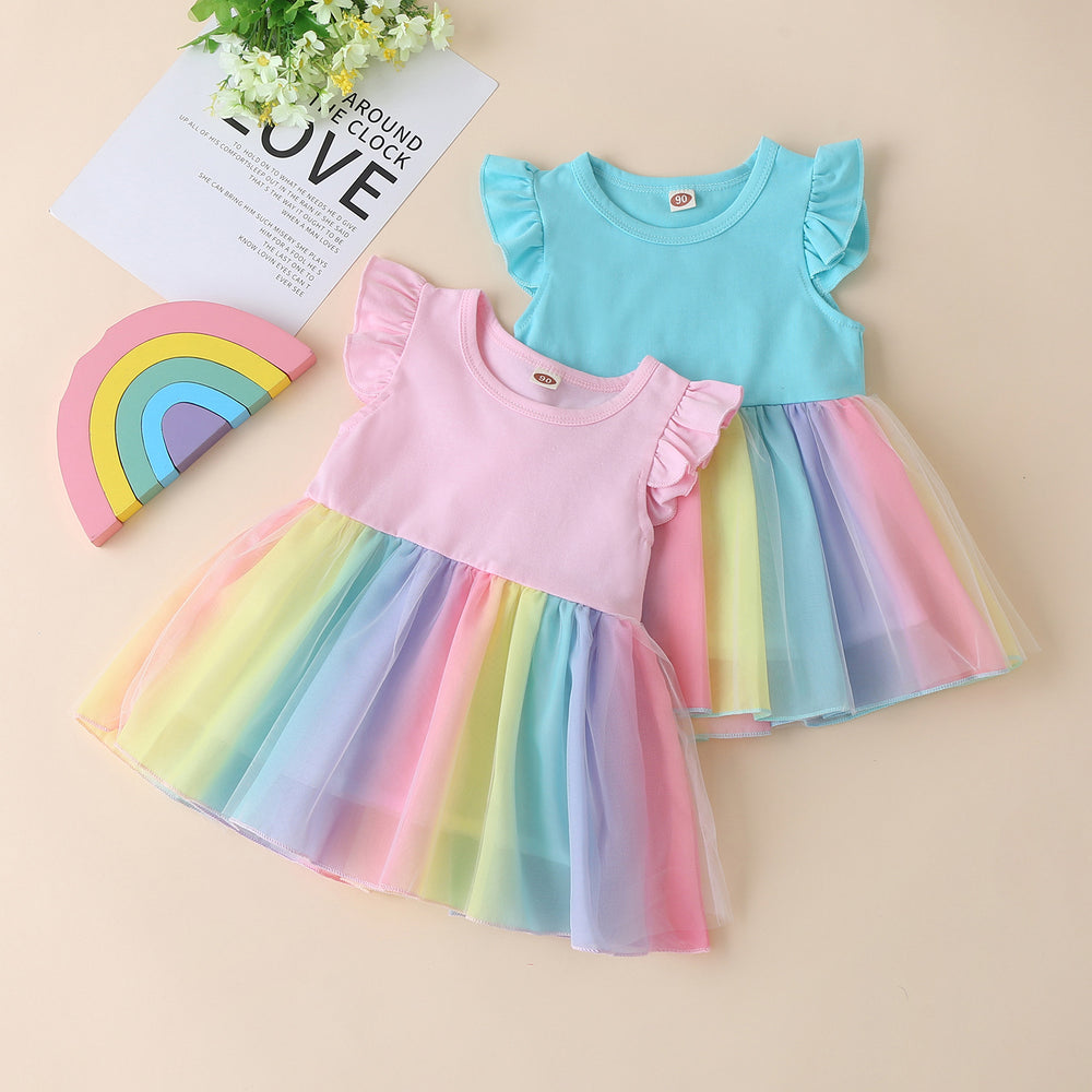 Baby Kid Girls Color-blocking Rainbow Dresses Wholesale 22061038
