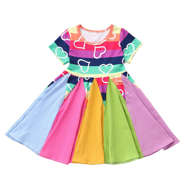 Baby Kid Girls Color-blocking Dinosaur Rainbow Love heart Print Dresses Wholesale 220610382