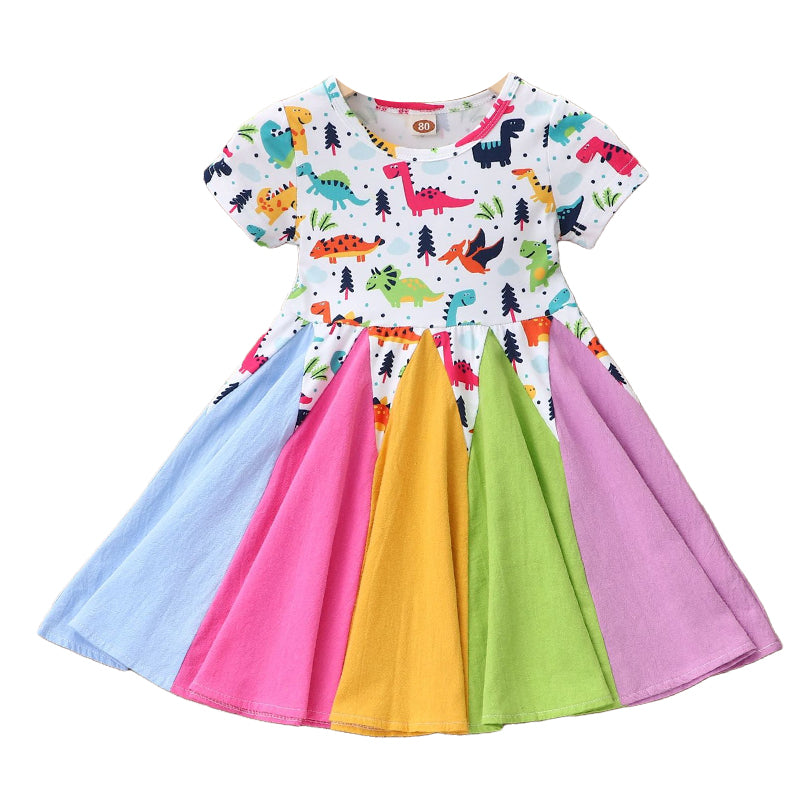 Baby Kid Girls Color-blocking Dinosaur Rainbow Love heart Print Dresses Wholesale 220610382