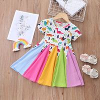 Load image into Gallery viewer, Baby Kid Girls Color-blocking Dinosaur Rainbow Love heart Print Dresses Wholesale 220610382
