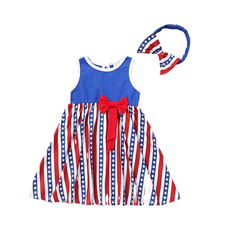 2 Pieces Set Baby Kid Girls Independence Day Bow Headwear And Color-blocking Dresses Wholesale 220610412