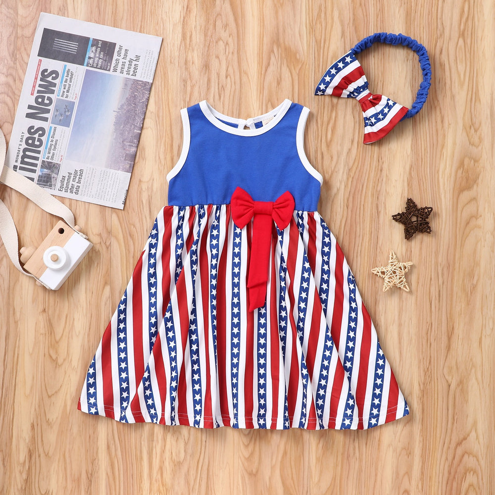 2 Pieces Set Baby Kid Girls Independence Day Bow Headwear And Color-blocking Dresses Wholesale 220610412