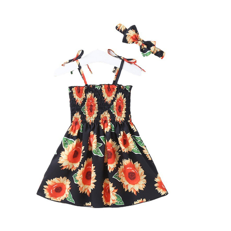 Baby Kid Girls Flower Bow Print Dresses Wholesale 220610434
