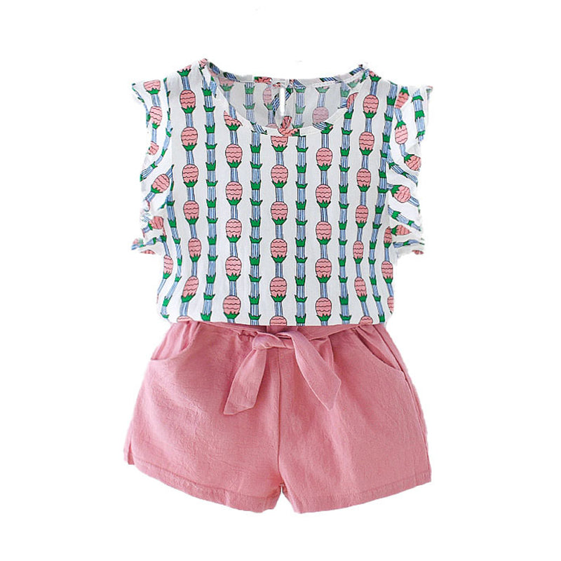 2 Pieces Set Baby Kid Girls Graphic Print Tops And Solid Color Bow Shorts Wholesale 220610443