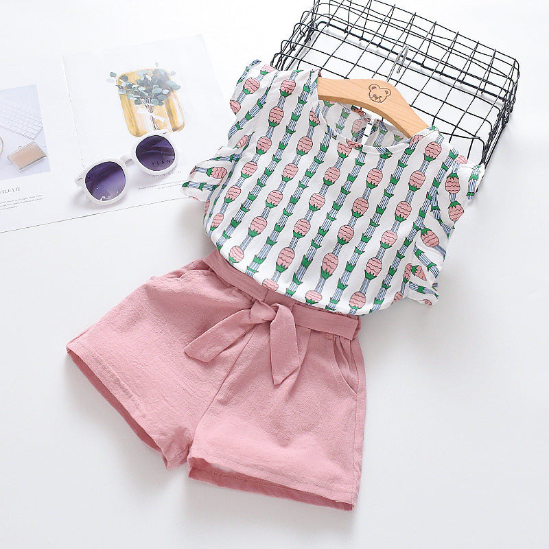 2 Pieces Set Baby Kid Girls Graphic Print Tops And Solid Color Bow Shorts Wholesale 220610443
